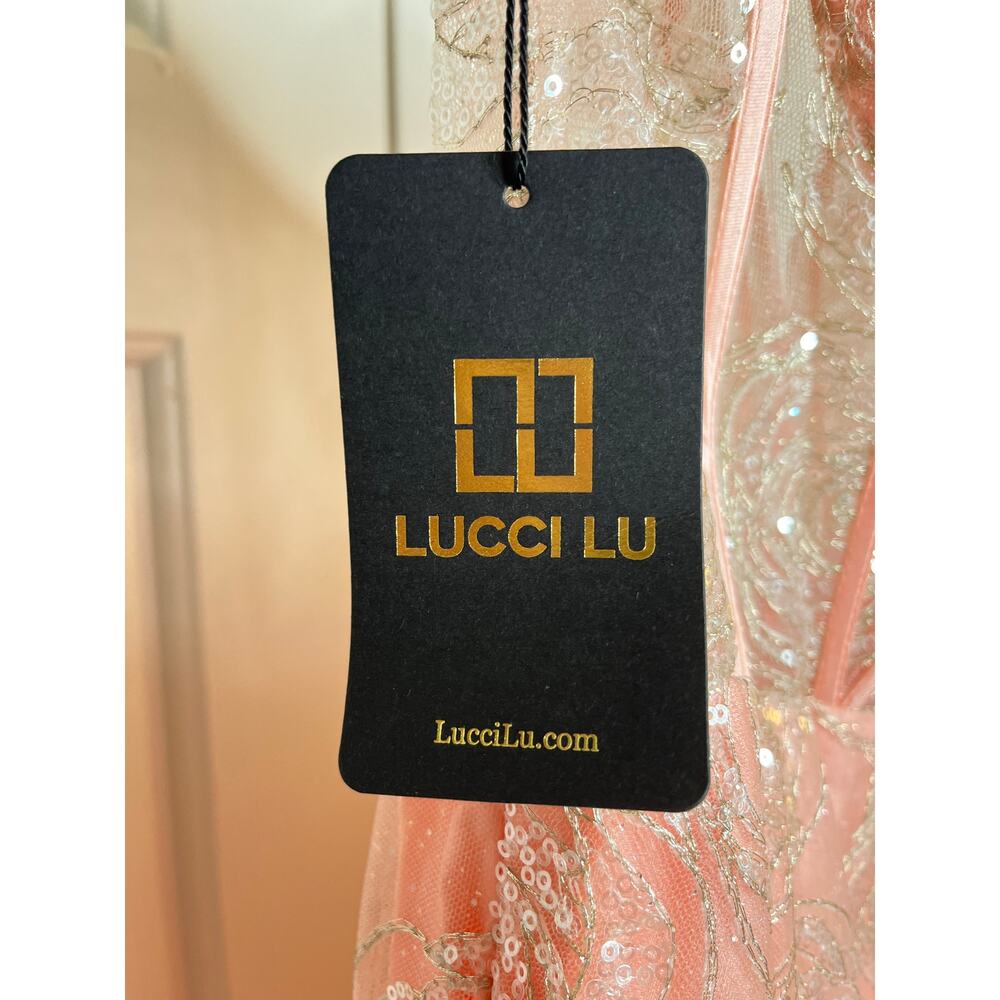 NWT Womens Lucci Lu Dress, 1277, Coral Pink, Rose Overlay, Illusion Bodice Sz 10 - Picture 6 of 10